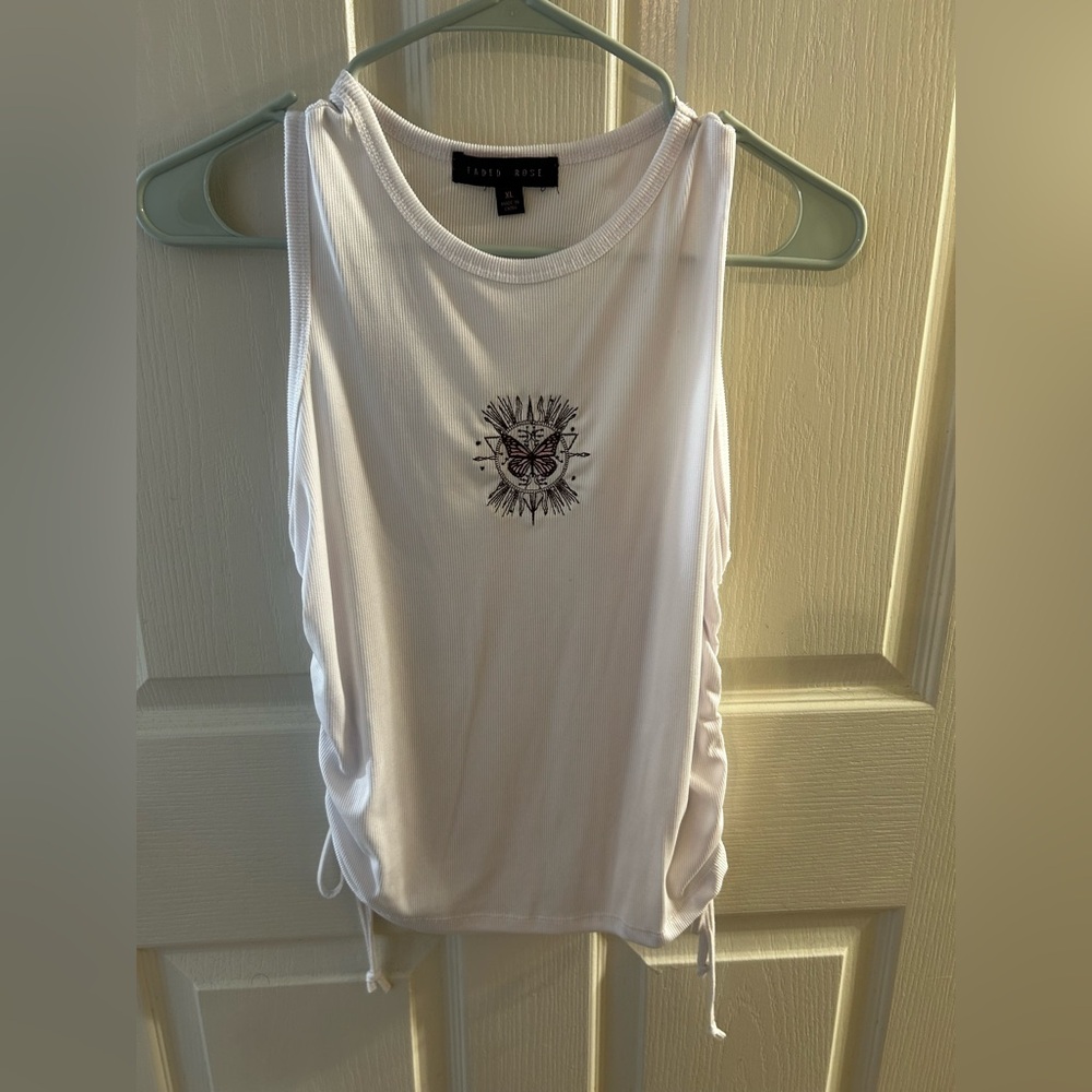 Ribbed Butterfly Embroidered Side Tie Tank